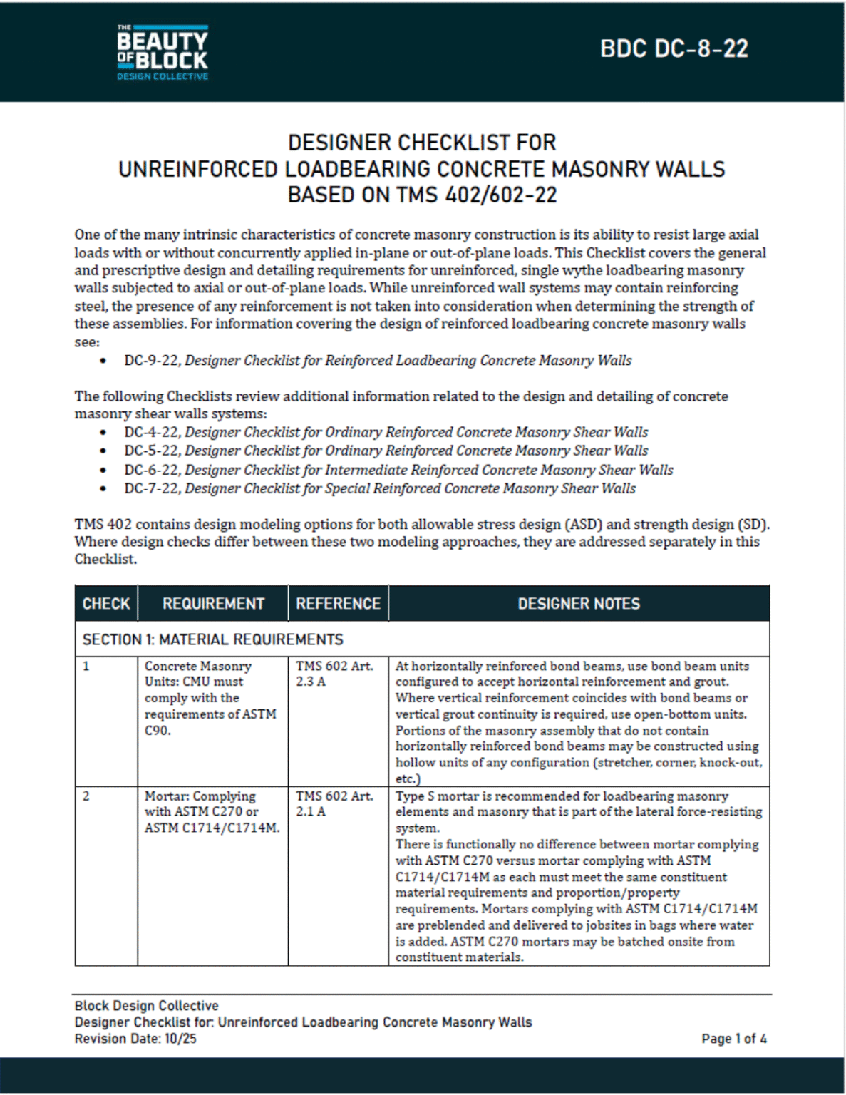 Tms Checklist.pdf Designer Checklist for Unreinforced Loadbearing Concrete Masonry Walls ...